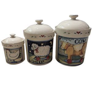 Susan Winget Farm Animals Canisters w/ Lids, Cow Sheep Hen Vintage 3 pc